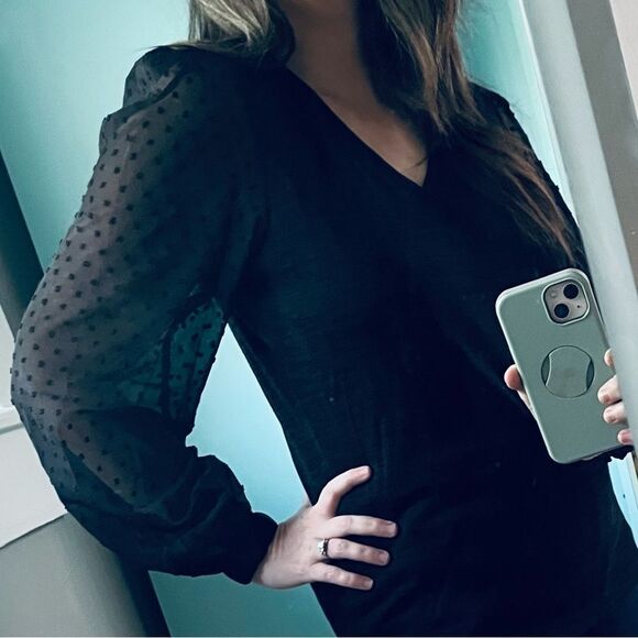 Modcloth More After Midnight Top Black Long Sleeve Sheer Polka Dot Sleeve M NWT - Picture 4 of 12